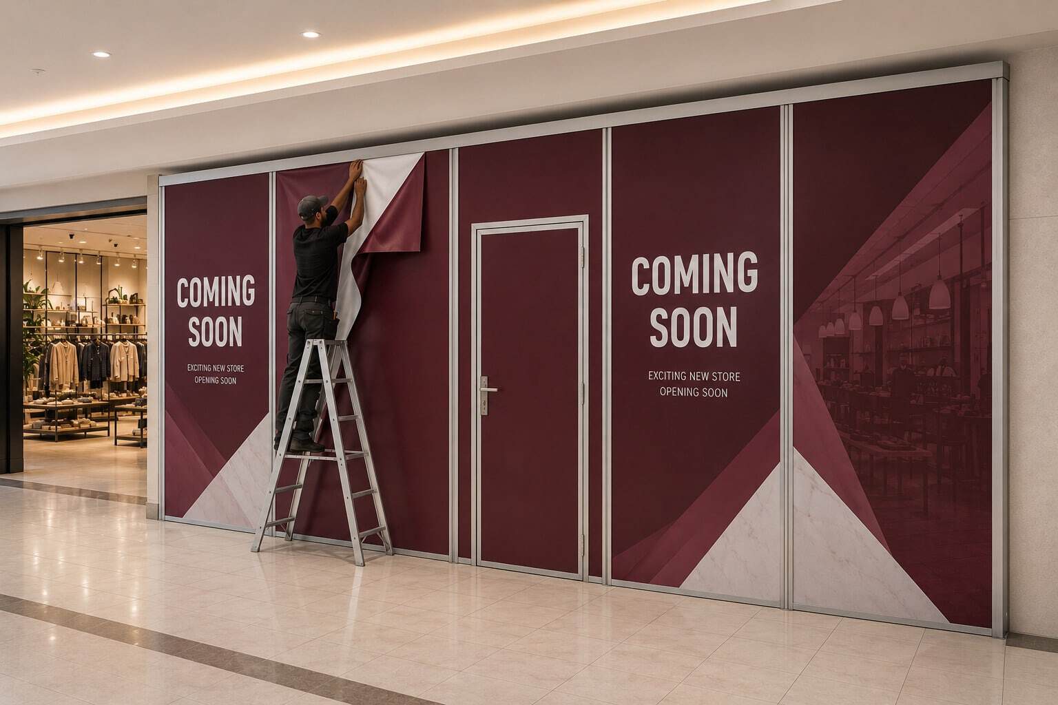 Storefront hoarding with 'Coming Soon' signage for new retail opening.